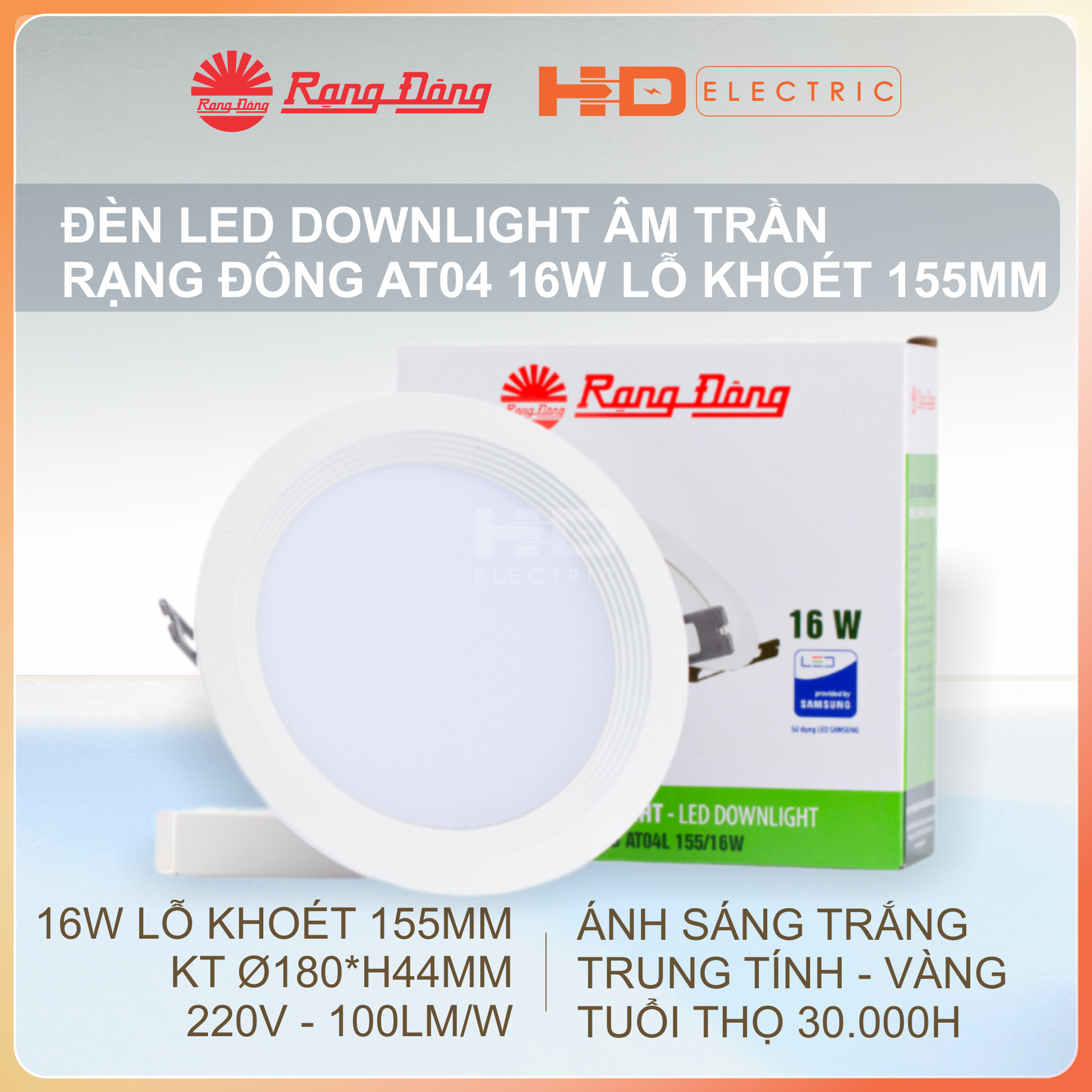 Đèn LED Âm trần Rạng Đông AT04 16W Lỗ khoét 155mm (D155) - Downlight Ánh sáng trắng (6500K)